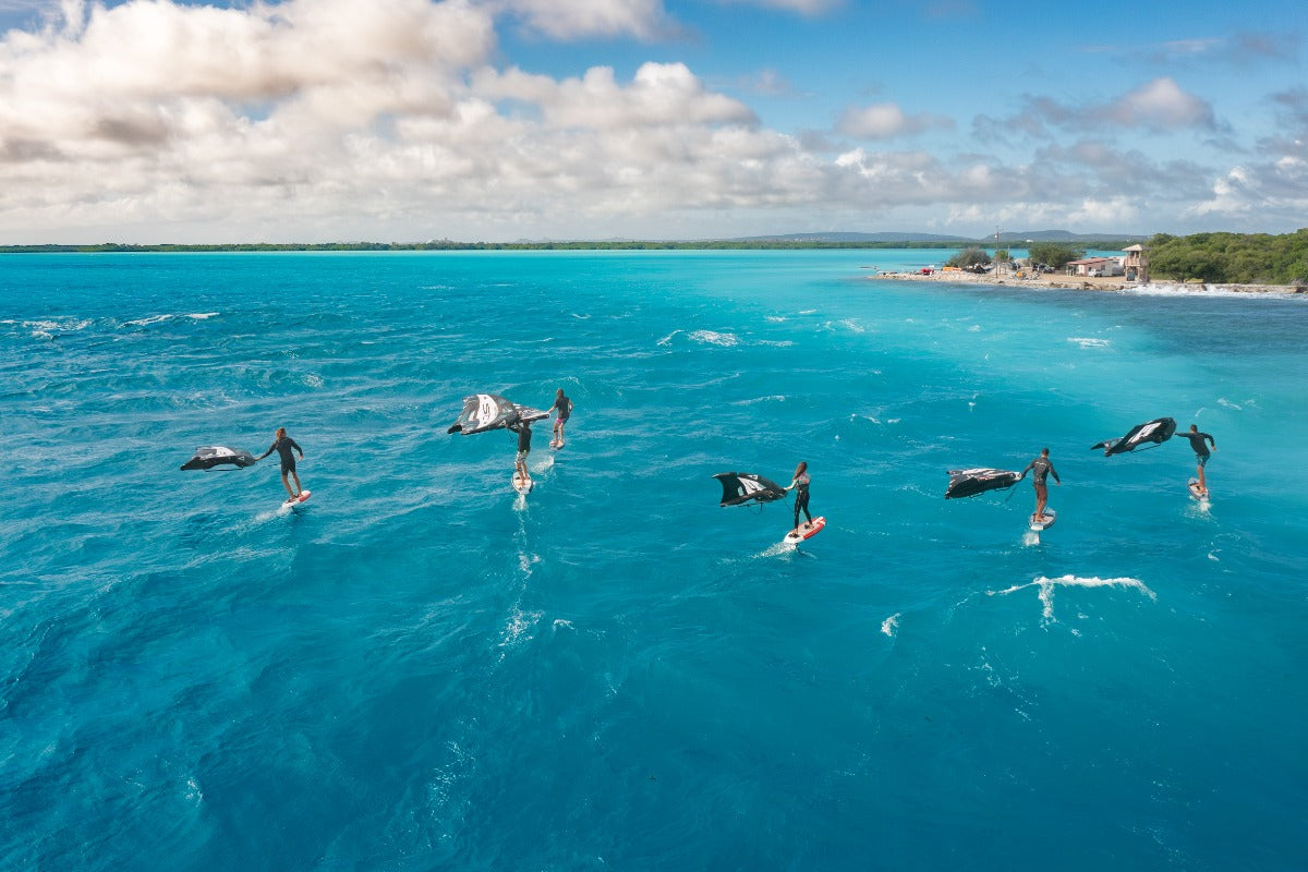 People wingfoiling and diving in a clear blue ocean with a coastal background 